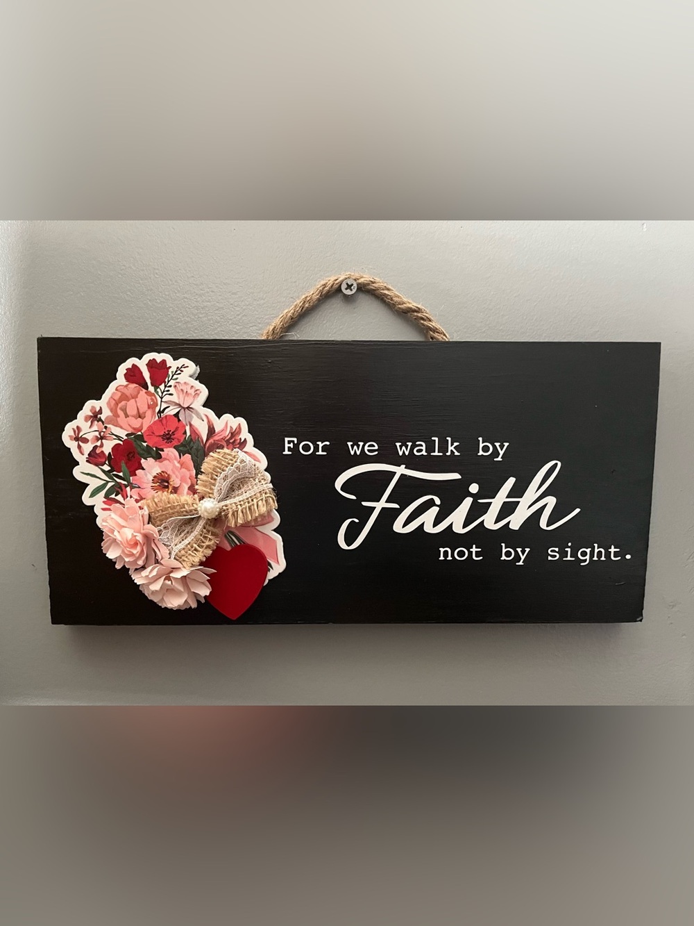 Black "Faith" Wall Sign with Pink Floral Accent